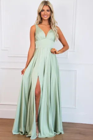 Remi Satin V-Neck Slit Formal Dress: Sage