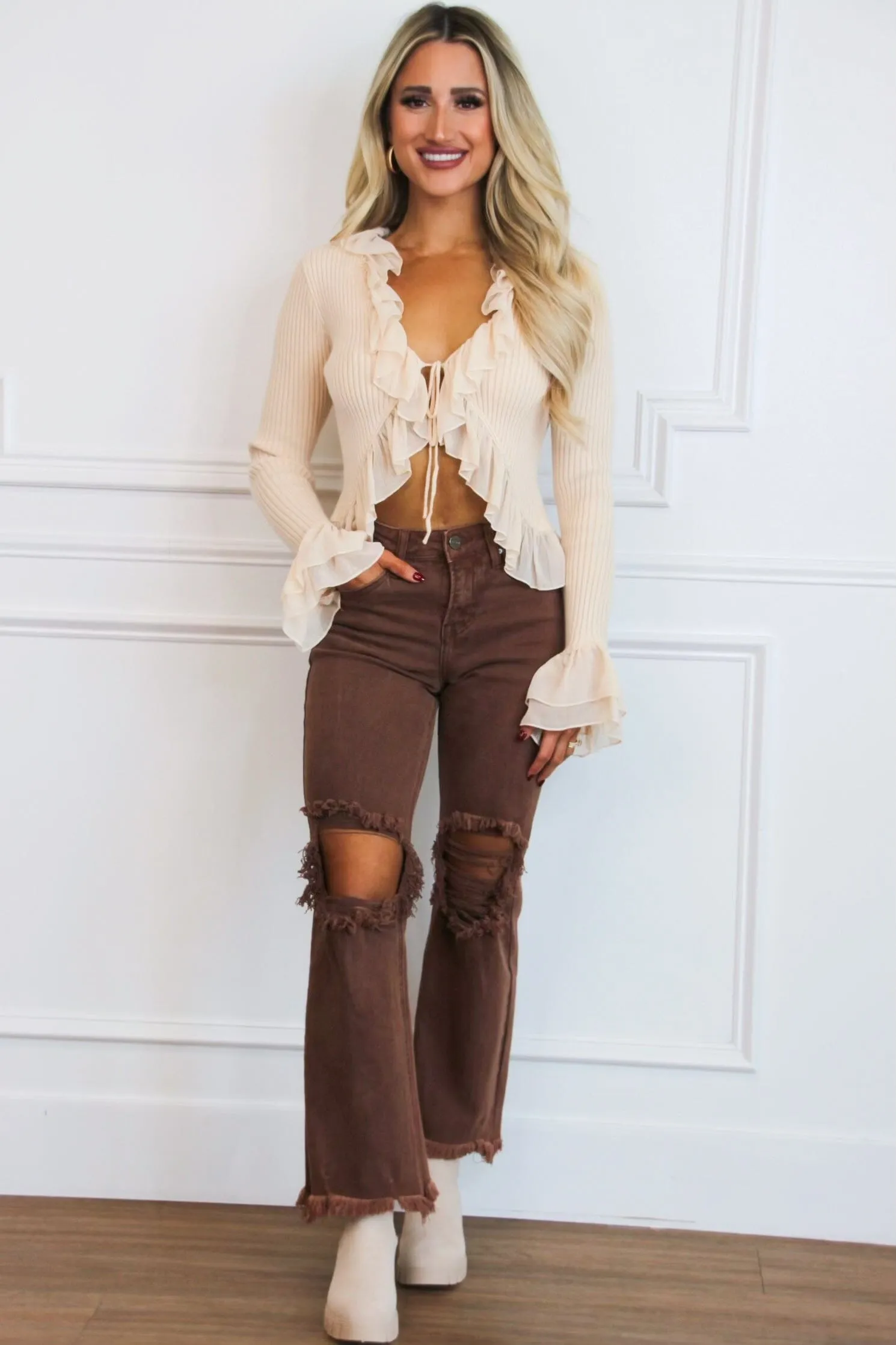 Riva Distressed High Rise Straight Denim: Brown Espresso