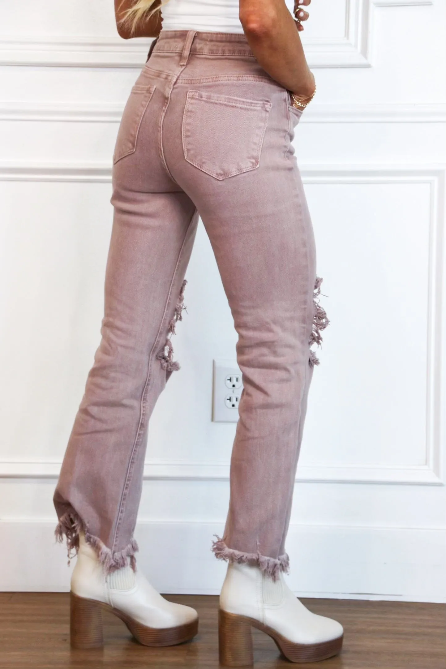 Riva Distressed High Rise Straight Denim: Mauve