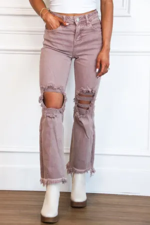 Riva Distressed High Rise Straight Denim: Mauve