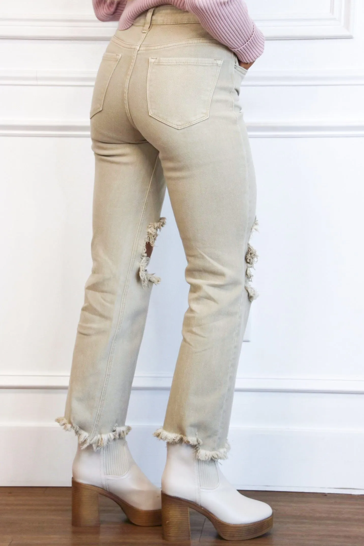 Riva Distressed High Rise Straight Denim: Sand