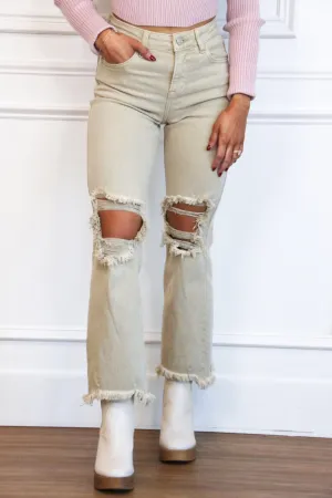 Riva Distressed High Rise Straight Denim: Sand