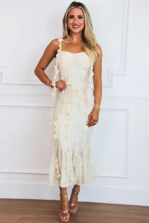 Rosie Floral Applique Bustier Ruffle Midi Dress: Cream