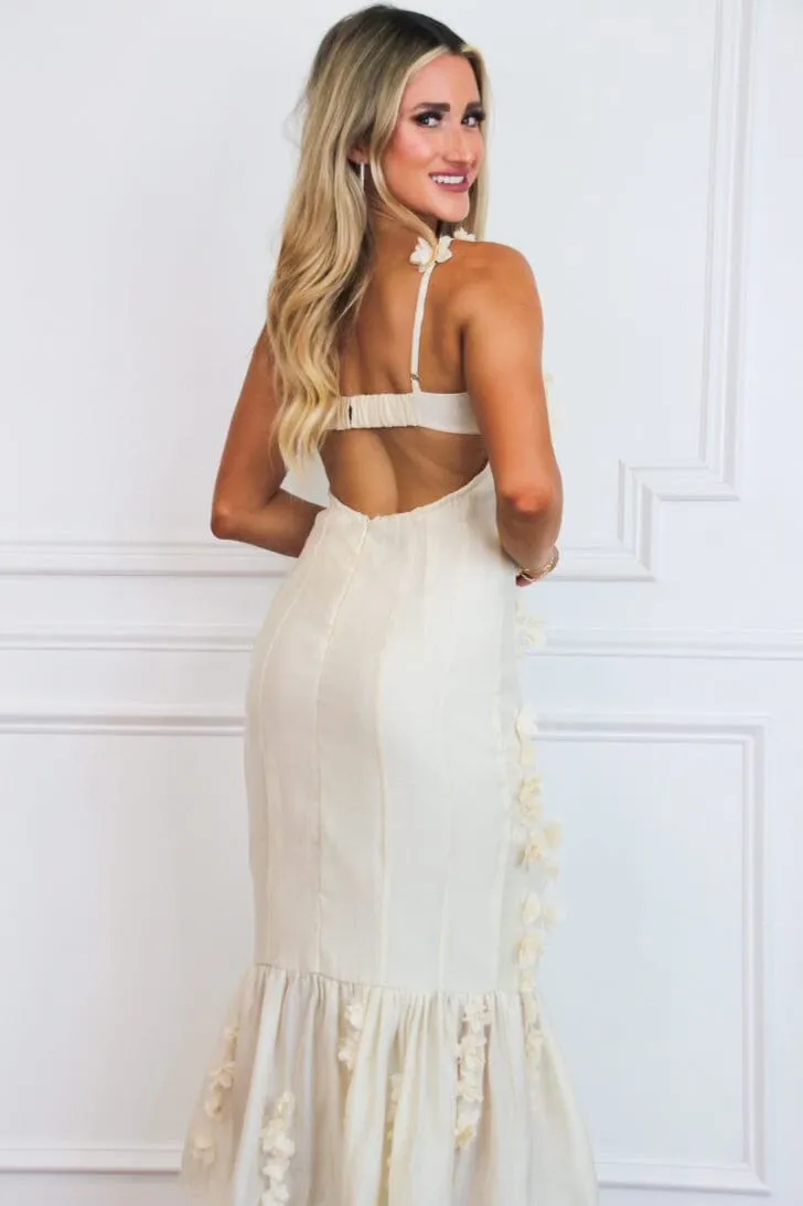 Rosie Floral Applique Bustier Ruffle Midi Dress: Cream