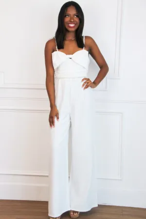 Roxi Pearl Embellished Bow Jumpsuit: White