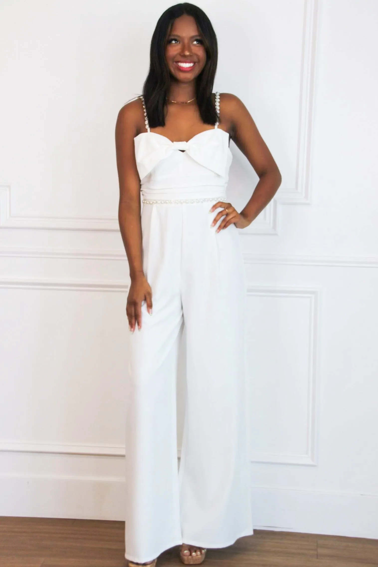 Roxi Pearl Embellished Bow Jumpsuit: White