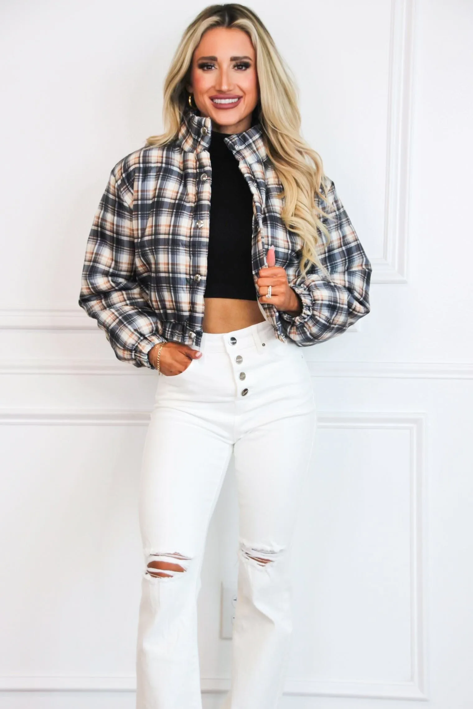 Running Late Plaid Puffer Vest: Navy Multi