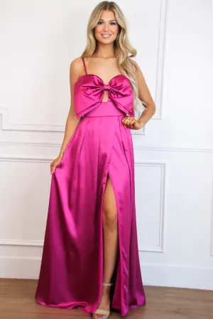 Ryanne Oversized Bow Satin Maxi Dress: Fuchsia