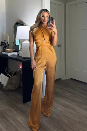 Sadie Printed Satin Halter Neck Jumpsuit: Mustard