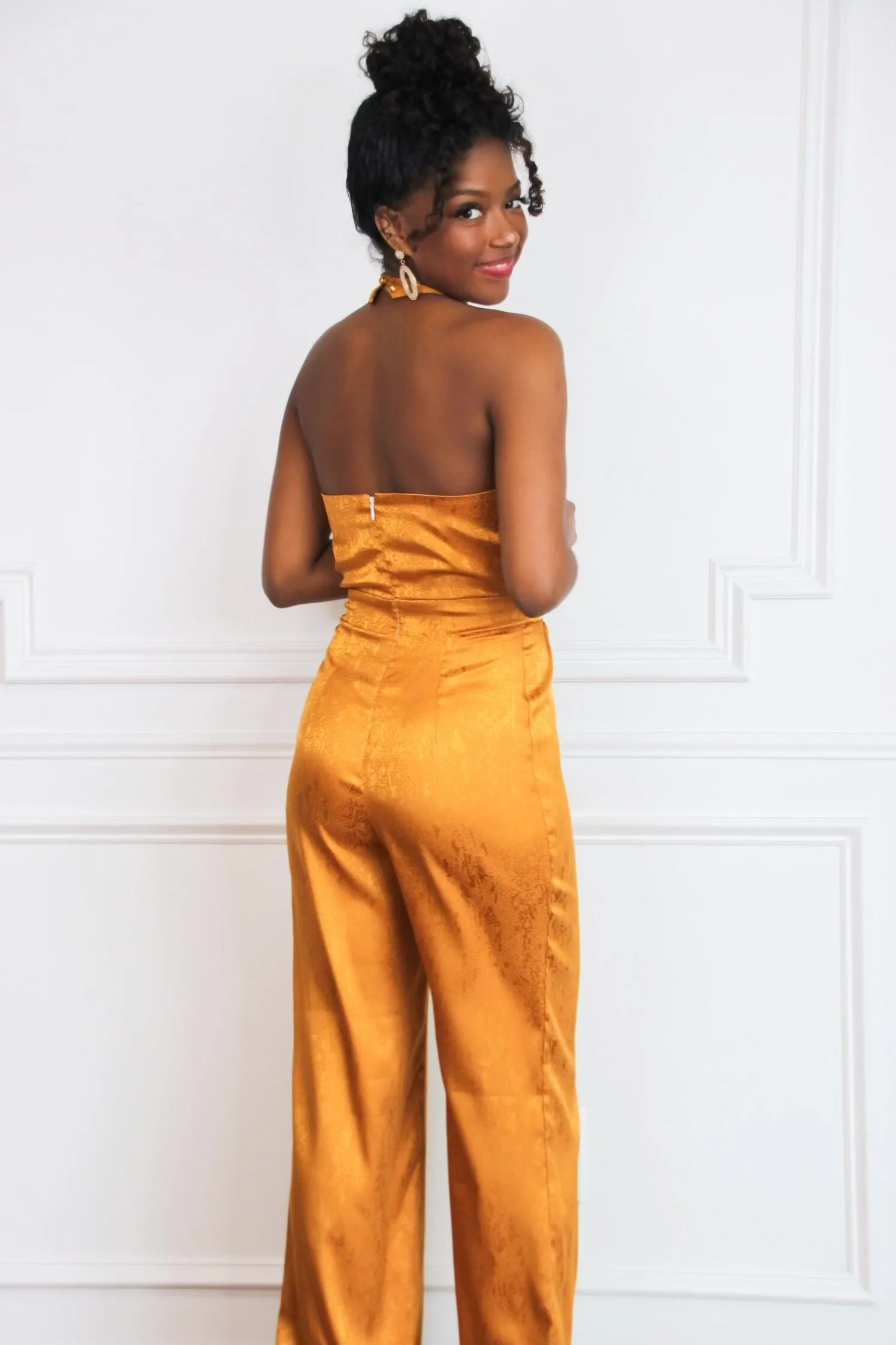 Sadie Printed Satin Halter Neck Jumpsuit: Mustard