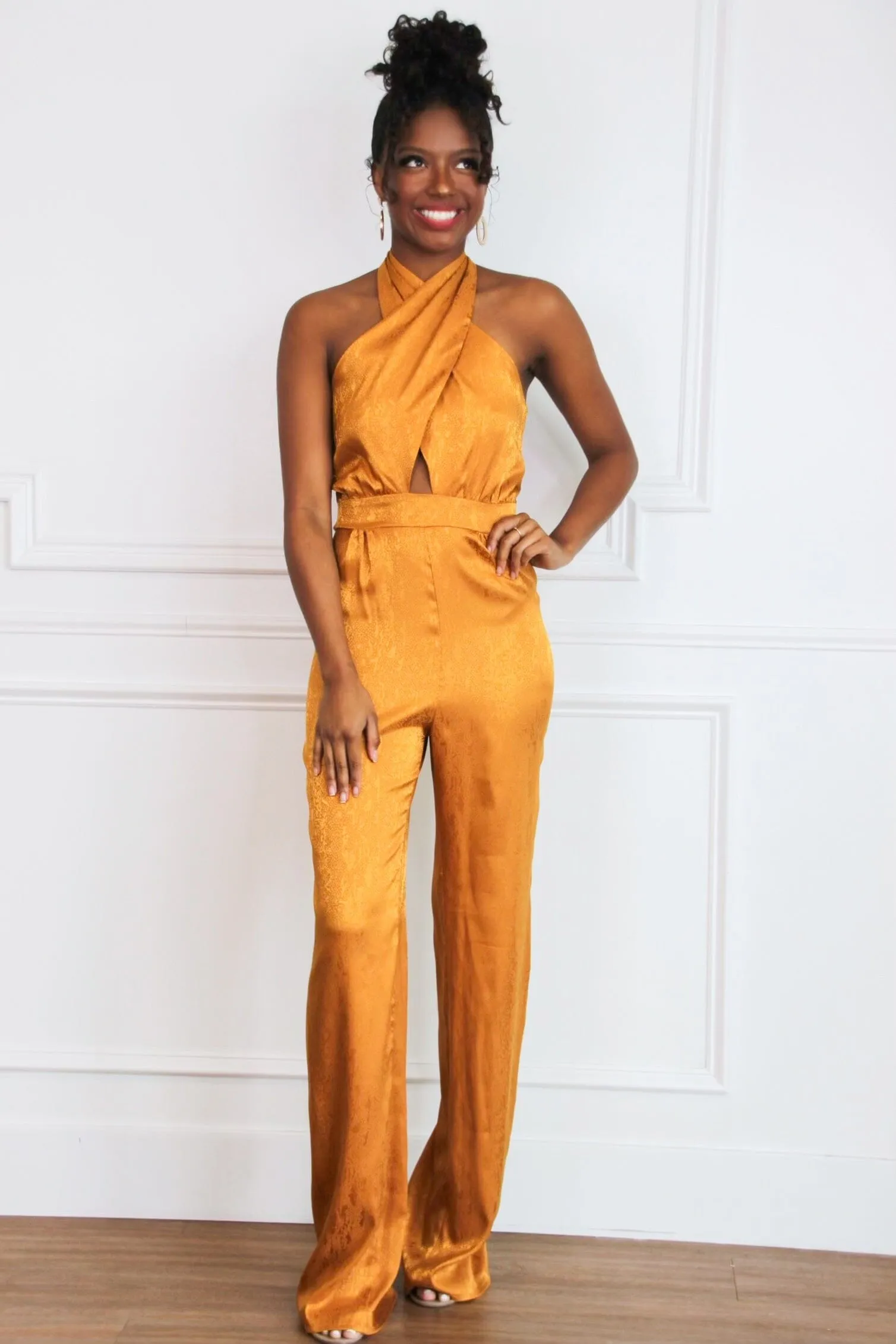Sadie Printed Satin Halter Neck Jumpsuit: Mustard