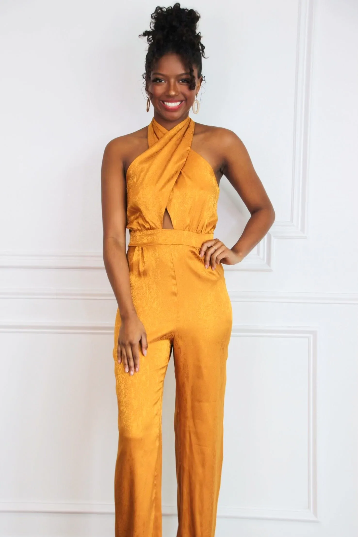 Sadie Printed Satin Halter Neck Jumpsuit: Mustard
