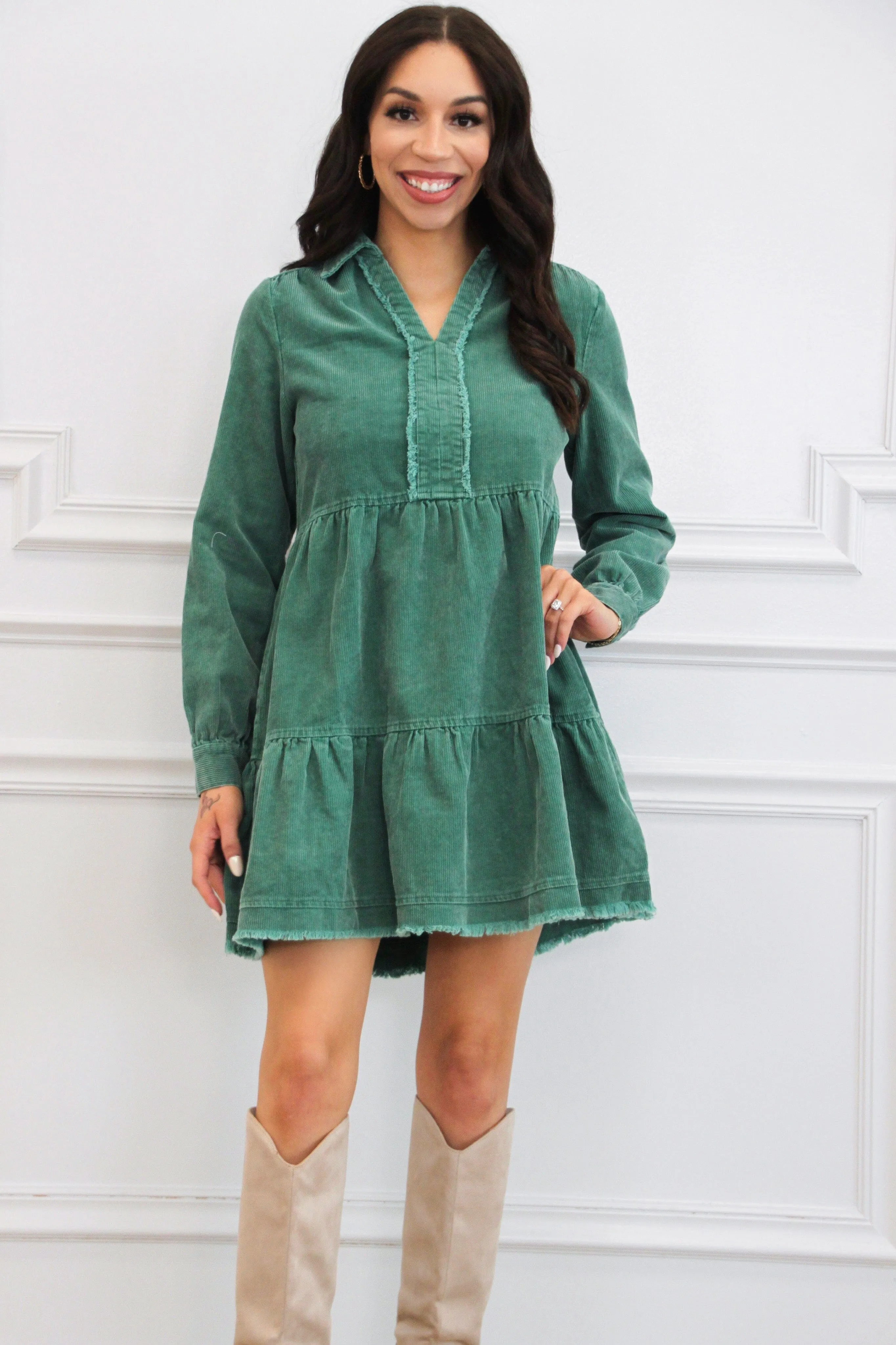 Sammy Corduroy Long Sleeve Dress: Green
