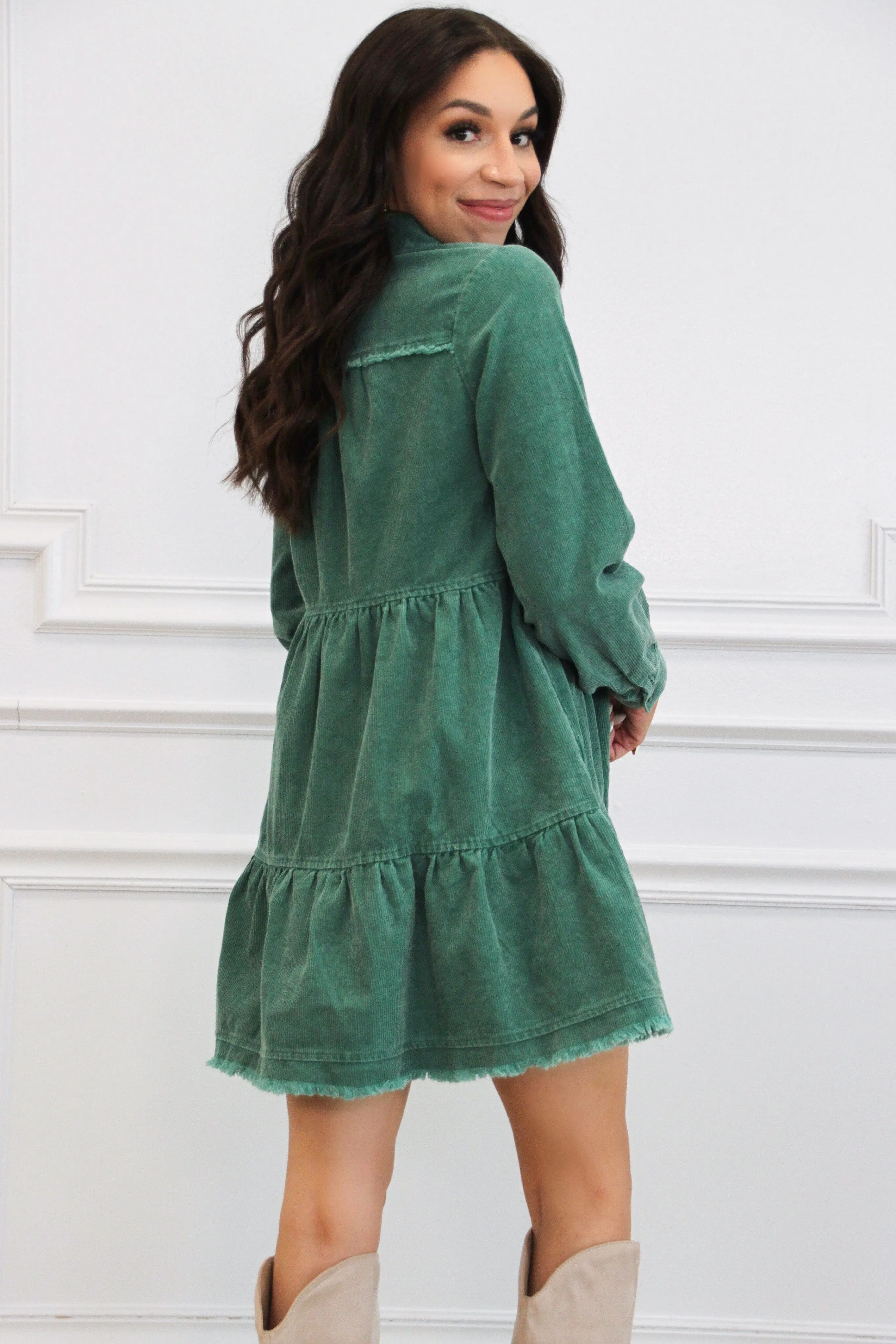 Sammy Corduroy Long Sleeve Dress: Green