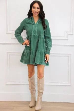 Sammy Corduroy Long Sleeve Dress: Green