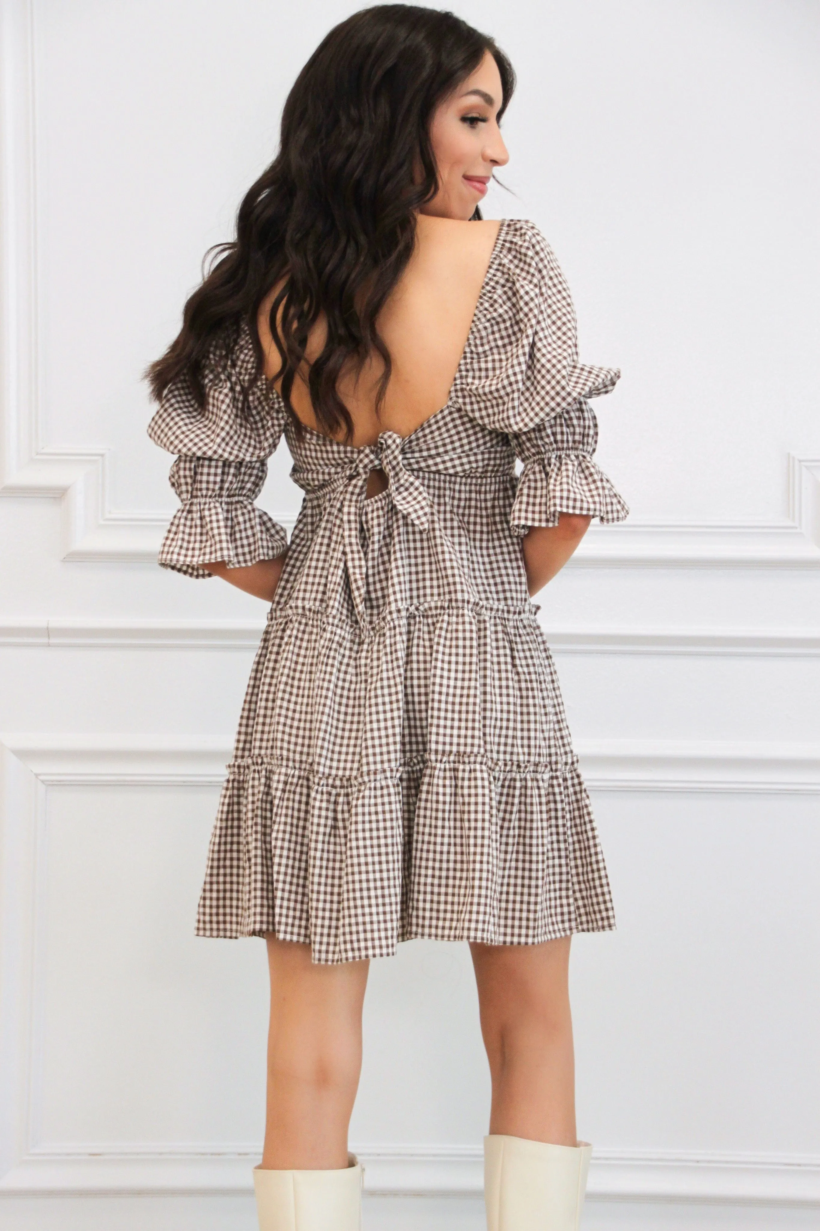 Sanders Gingham Babydoll Dress: Brown/White