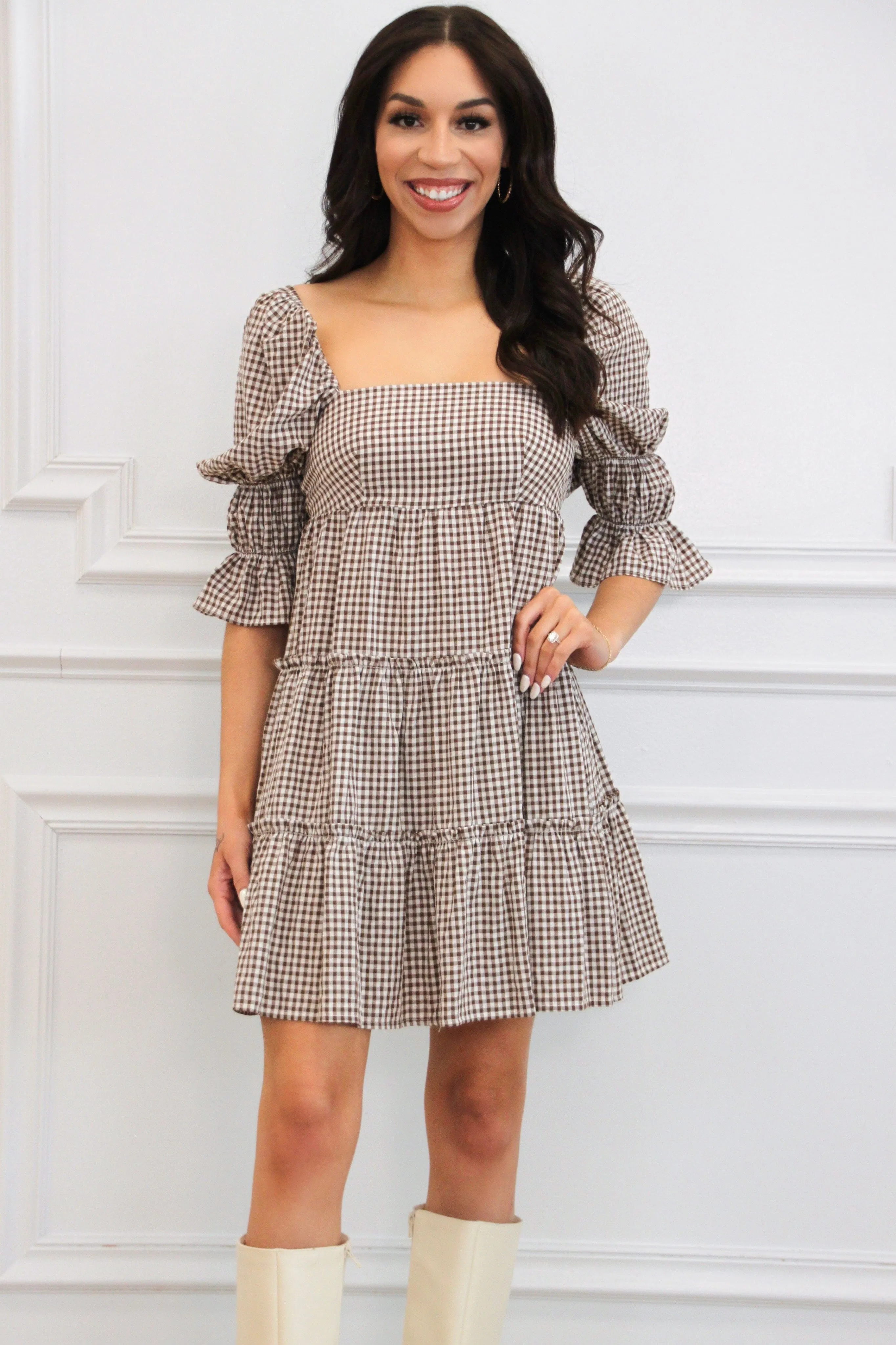 Sanders Gingham Babydoll Dress: Brown/White