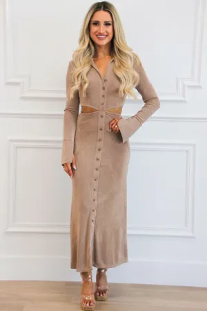 Savani Cutout Button Up Midi Dress: Taupe
