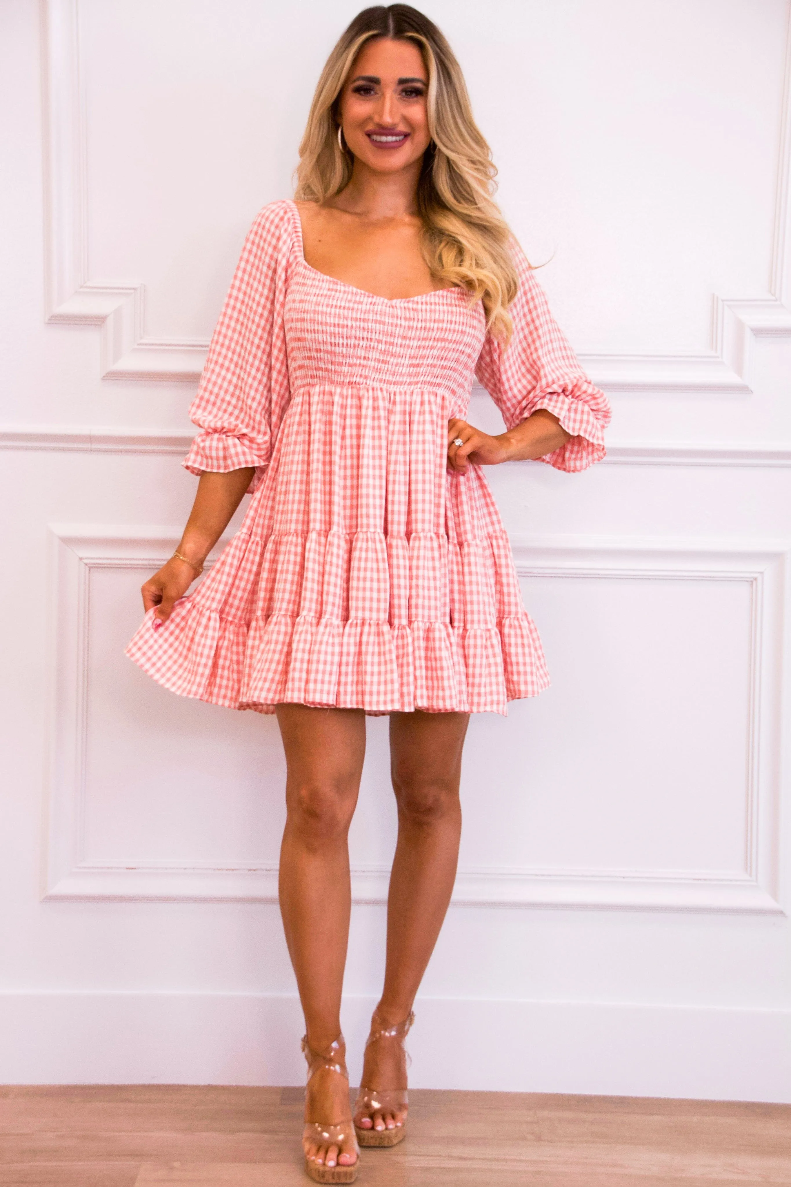 Say So Gingham Babydoll Dress: Dusty Coral