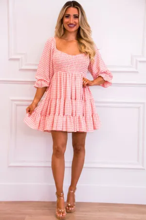 Say So Gingham Babydoll Dress: Dusty Coral