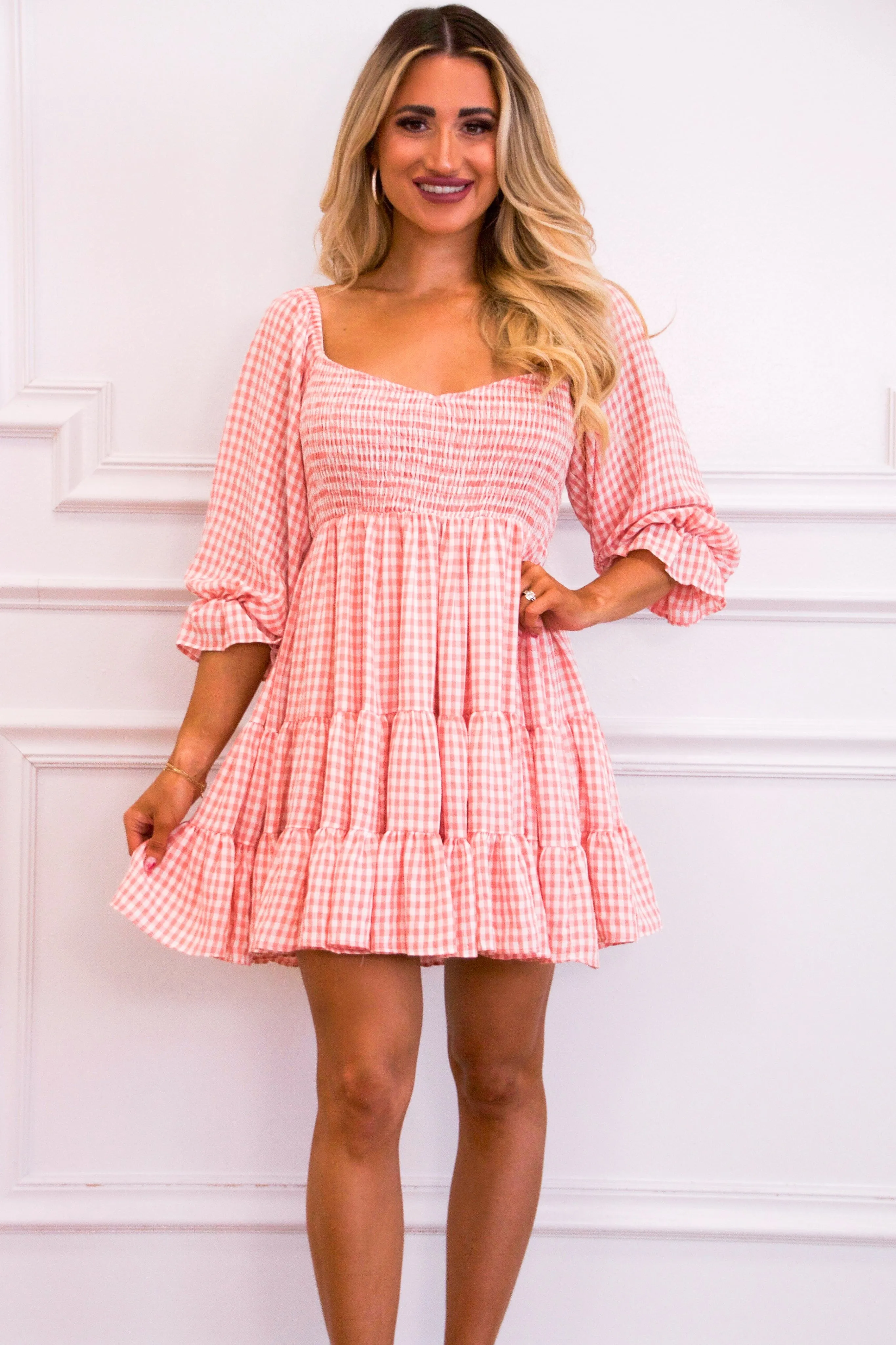Say So Gingham Babydoll Dress: Dusty Coral
