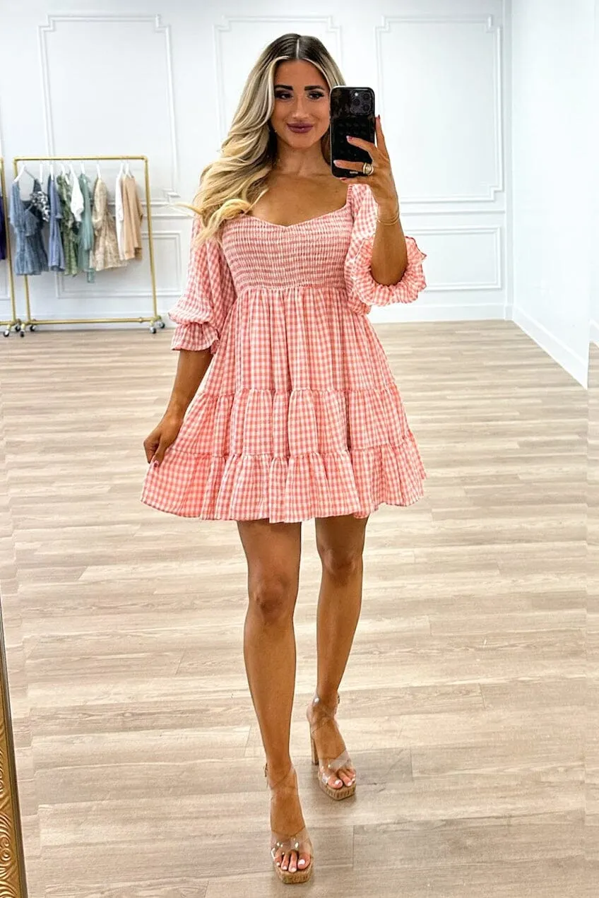 Say So Gingham Babydoll Dress: Dusty Coral