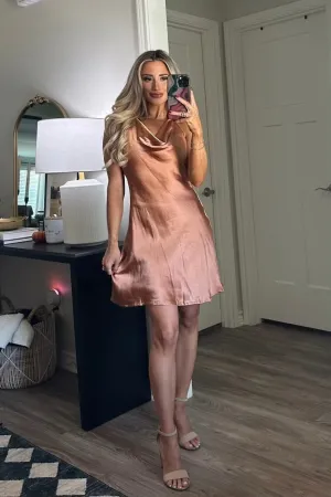 Share My Heart Satin Cowl Neck Halter Dress: Rust