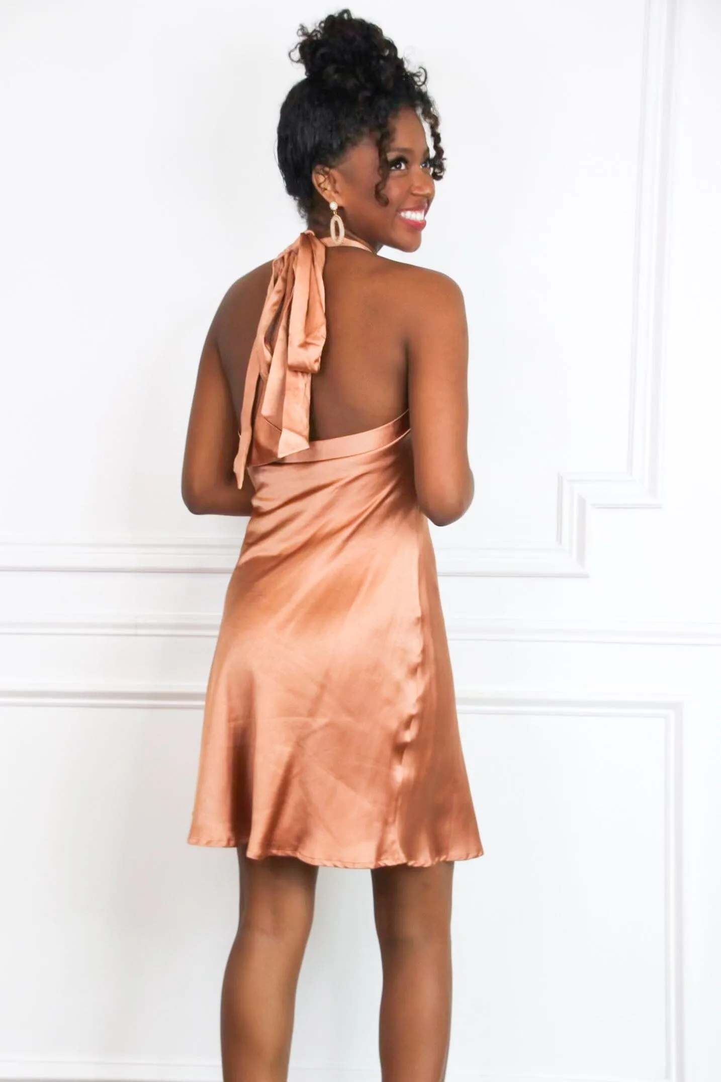 Share My Heart Satin Cowl Neck Halter Dress: Rust
