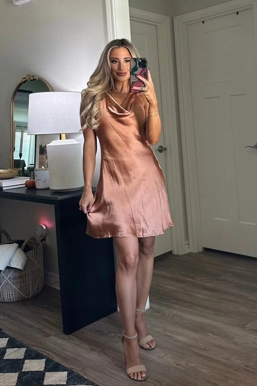 Share My Heart Satin Cowl Neck Halter Dress: Rust