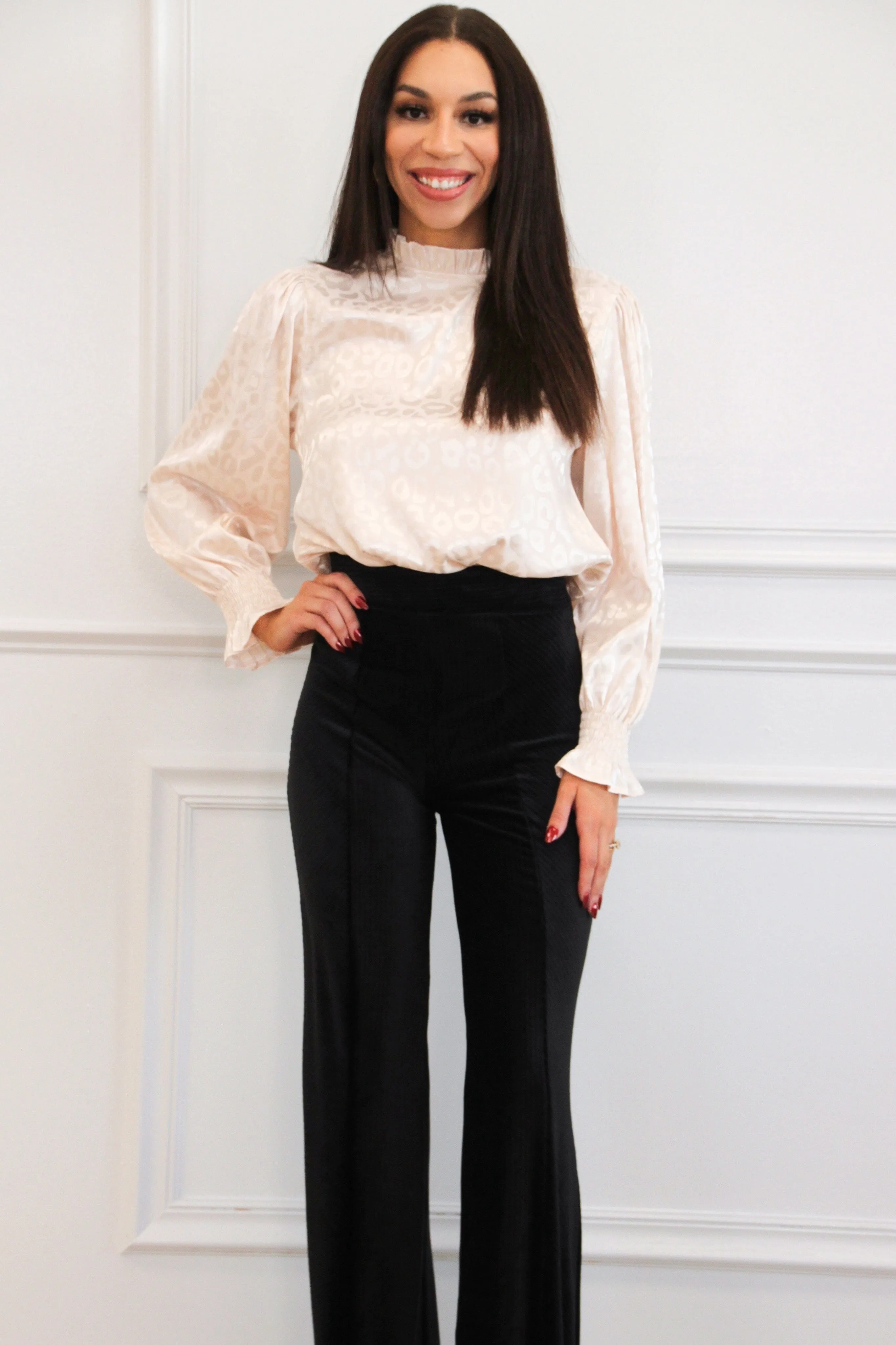 Shayla Leopard Monochromatic Satin Top: Cream