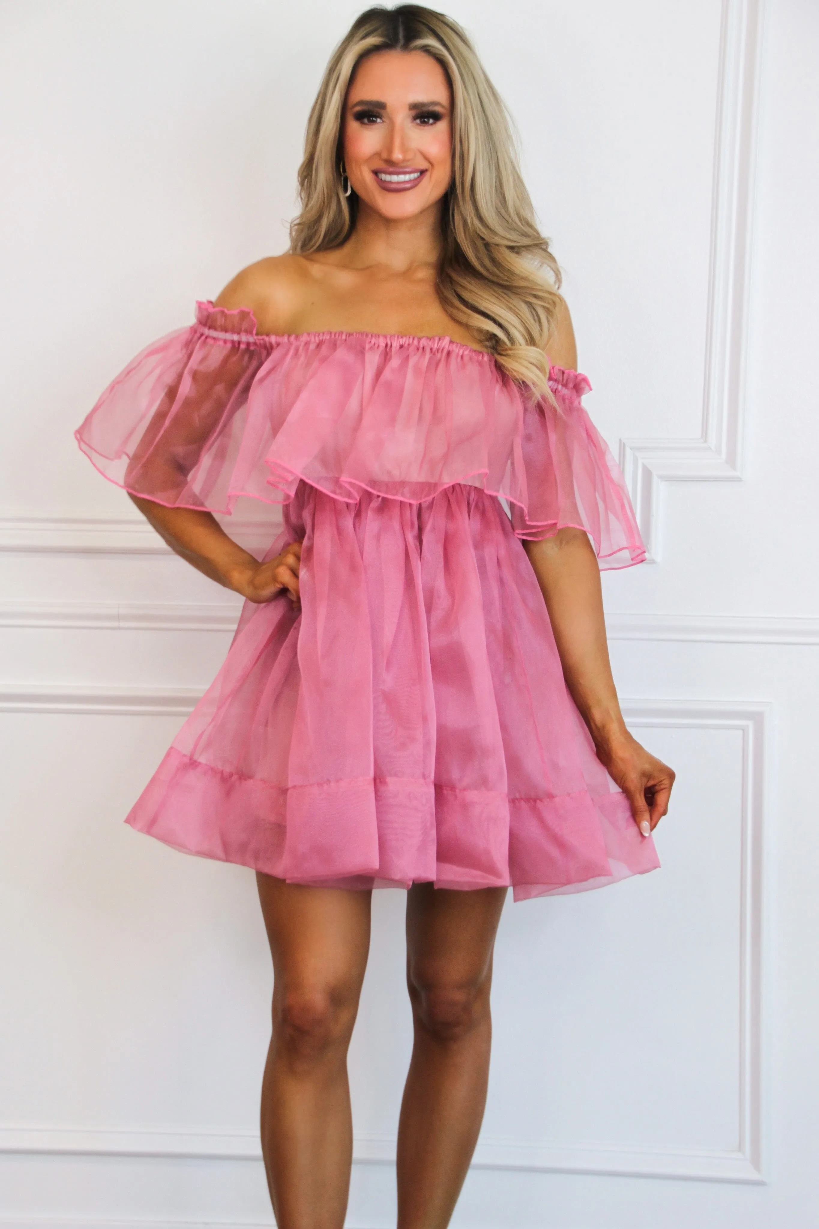 Show Your Love Off Shoulder Organza Dress: Mauve