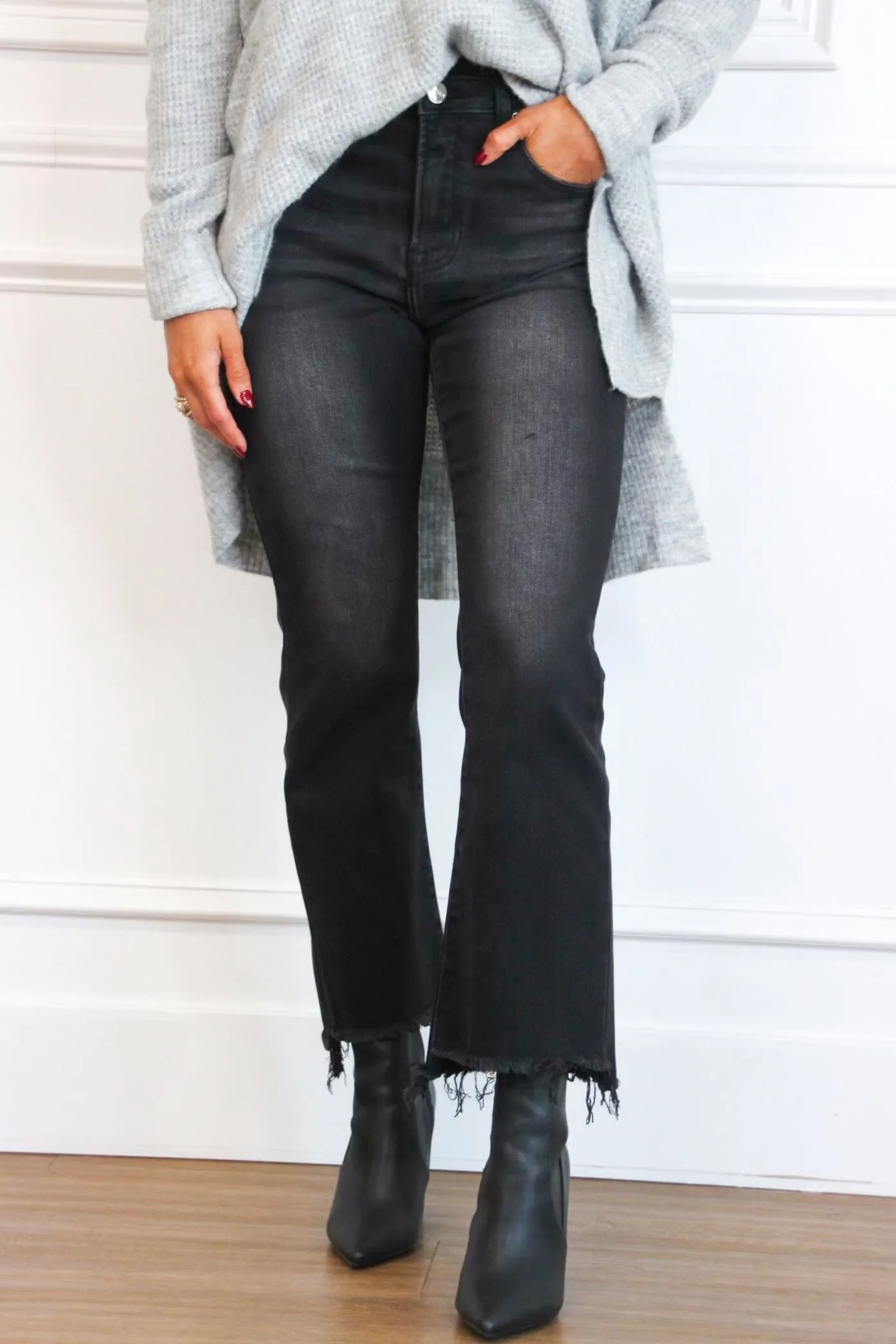 Simon High Rise Distressed Hem Denim: Black