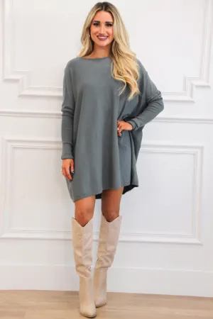 So Cozy Boat Neck Tunic Sweater: Dusty Blue Olive