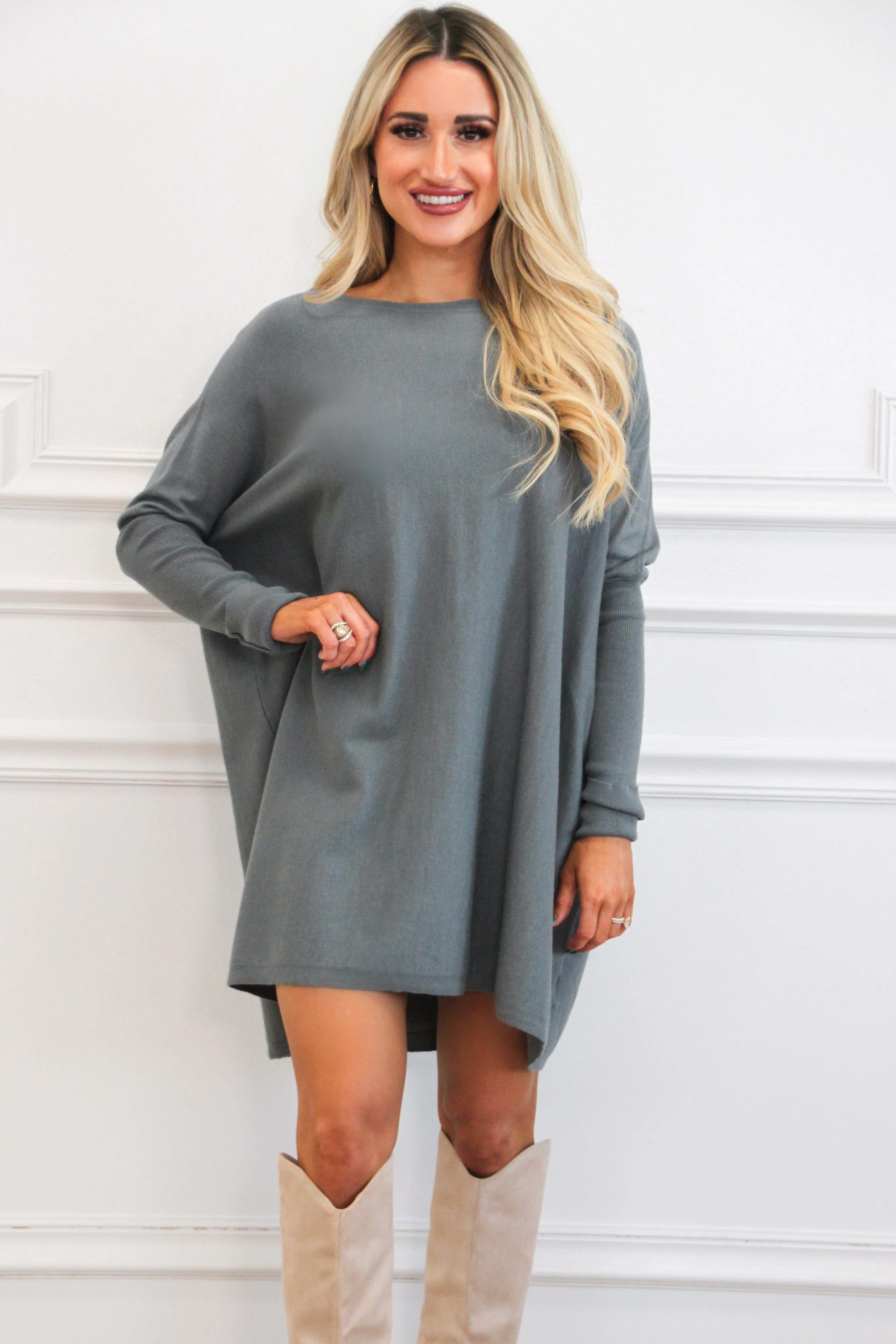 So Cozy Boat Neck Tunic Sweater: Dusty Blue Olive