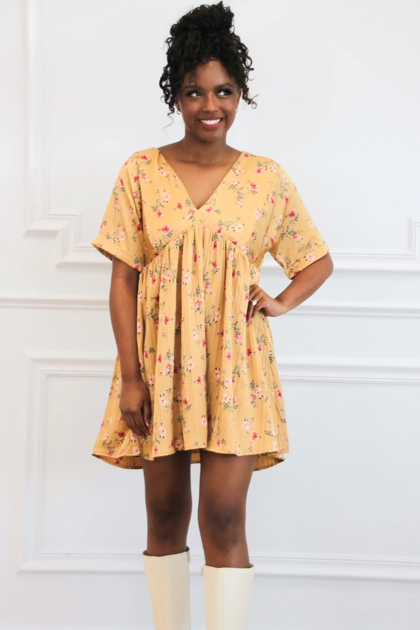 Soft Breeze Satin Floral V Neck Dress: Mustard