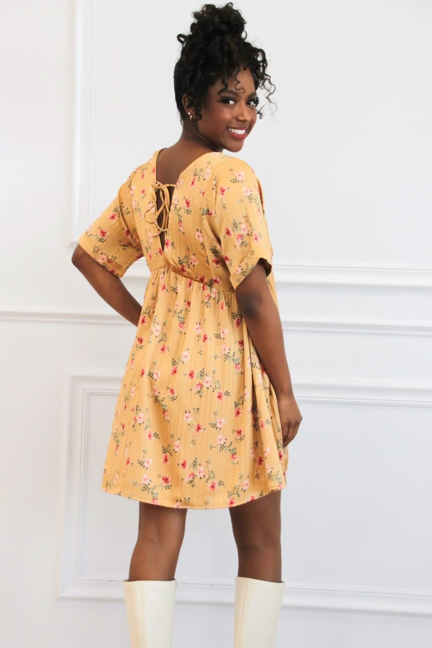 Soft Breeze Satin Floral V Neck Dress: Mustard