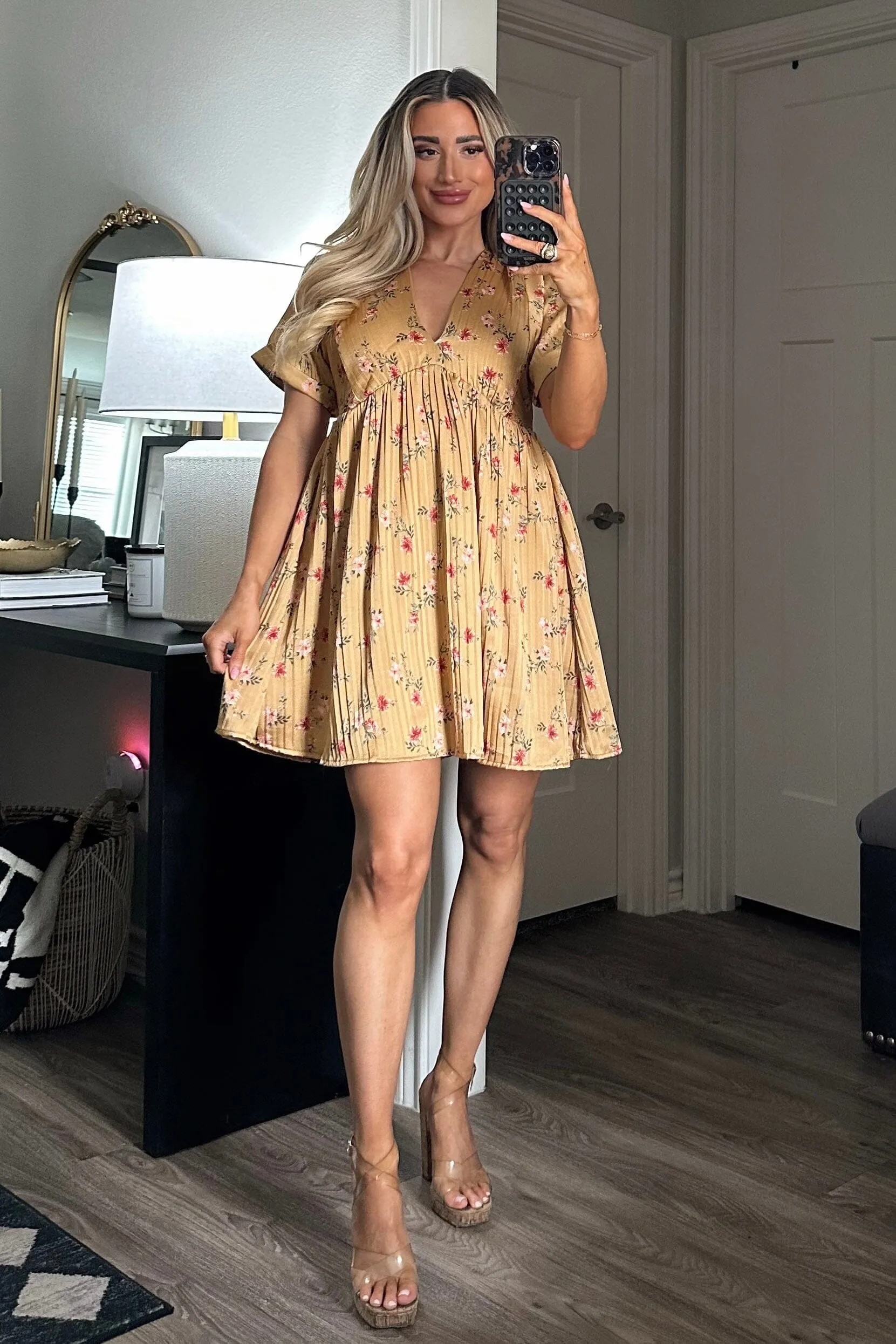 Soft Breeze Satin Floral V Neck Dress: Mustard