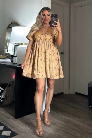 Soft Breeze Satin Floral V Neck Dress: Mustard