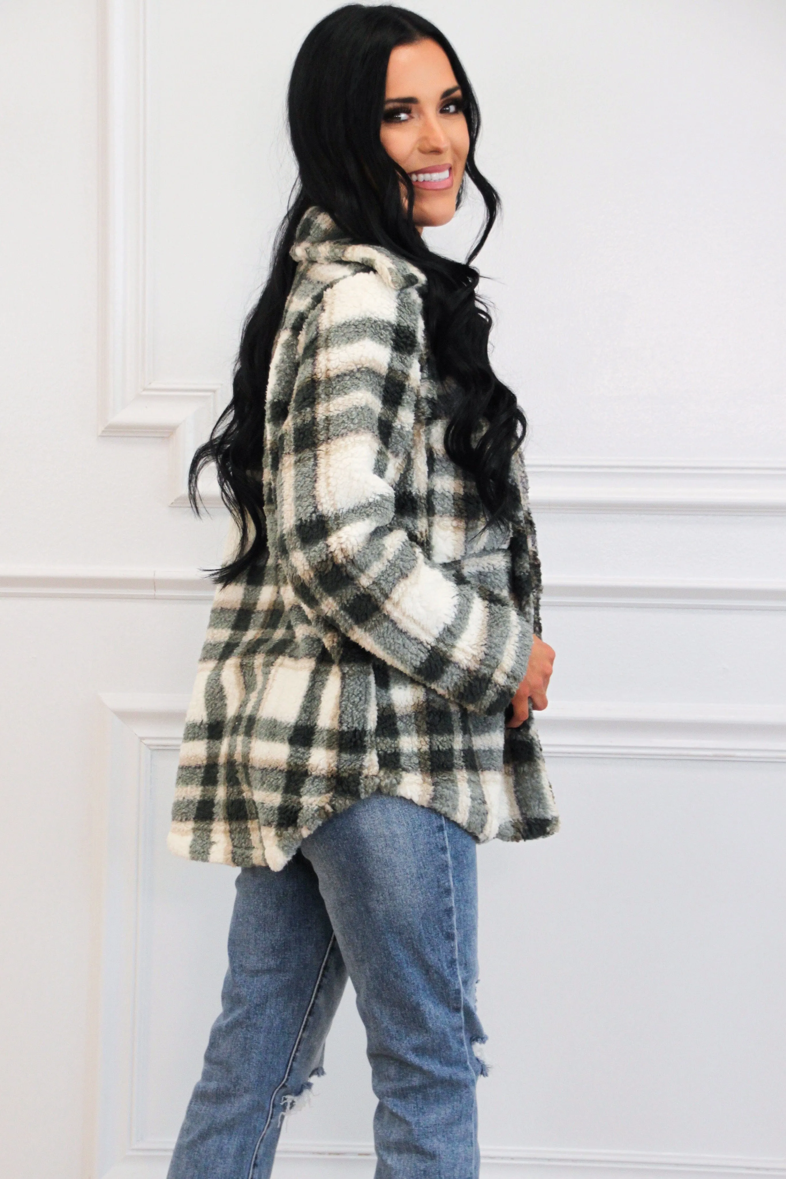 Soft Snuggles Plaid Shacket: Hunter Green/Cream Multi