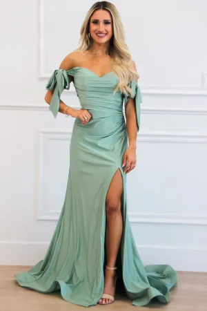 Southern Class Bow Sleeve Formal Dress: Dark Sage