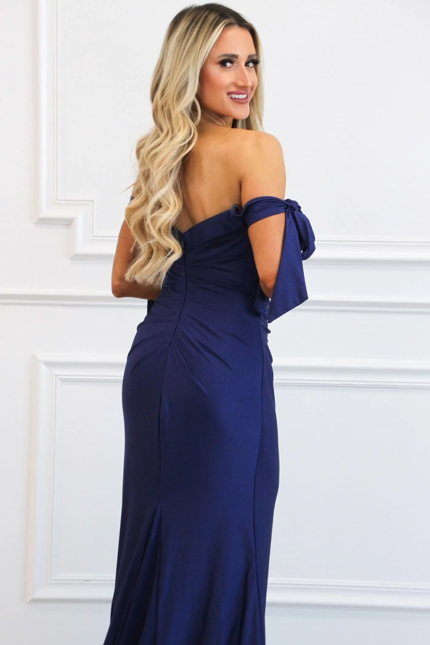 Southern Class Bow Sleeve Formal Dress: Navy
