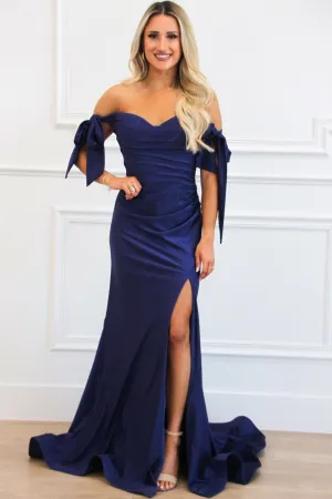 Southern Class Bow Sleeve Formal Dress: Navy