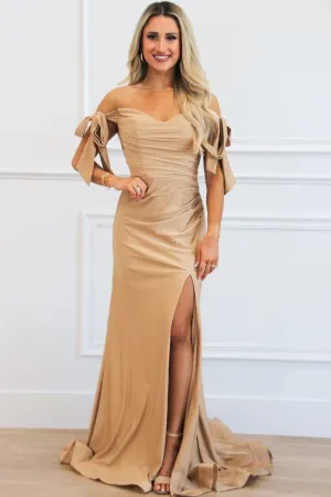 Southern Class Bow Sleeve Formal Dress: Nude Gold