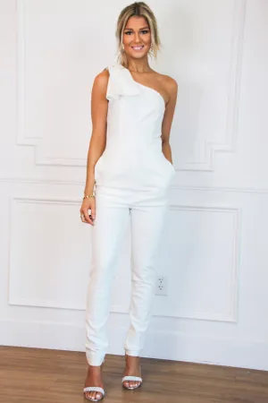 Southern Love One Shoulder Bow Jumpsuit: White