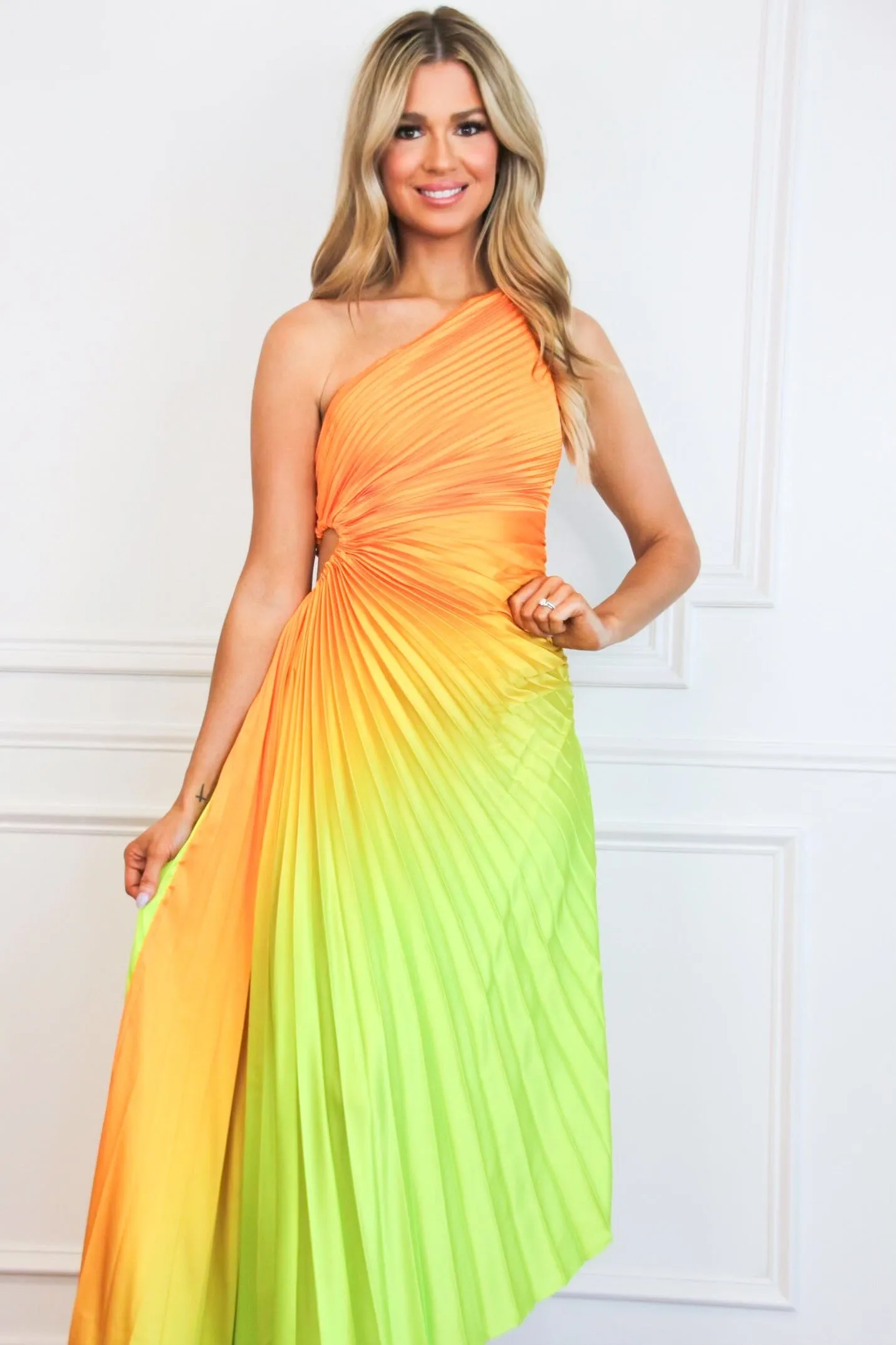 St Tropez Ombre Pleated One Shoulder Maxi Dress: Orange/Green Multi