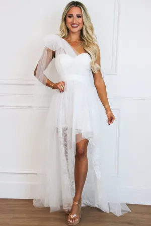 Stay Together One Shoulder Bow Lace High Low Maxi Dress: Ivory
