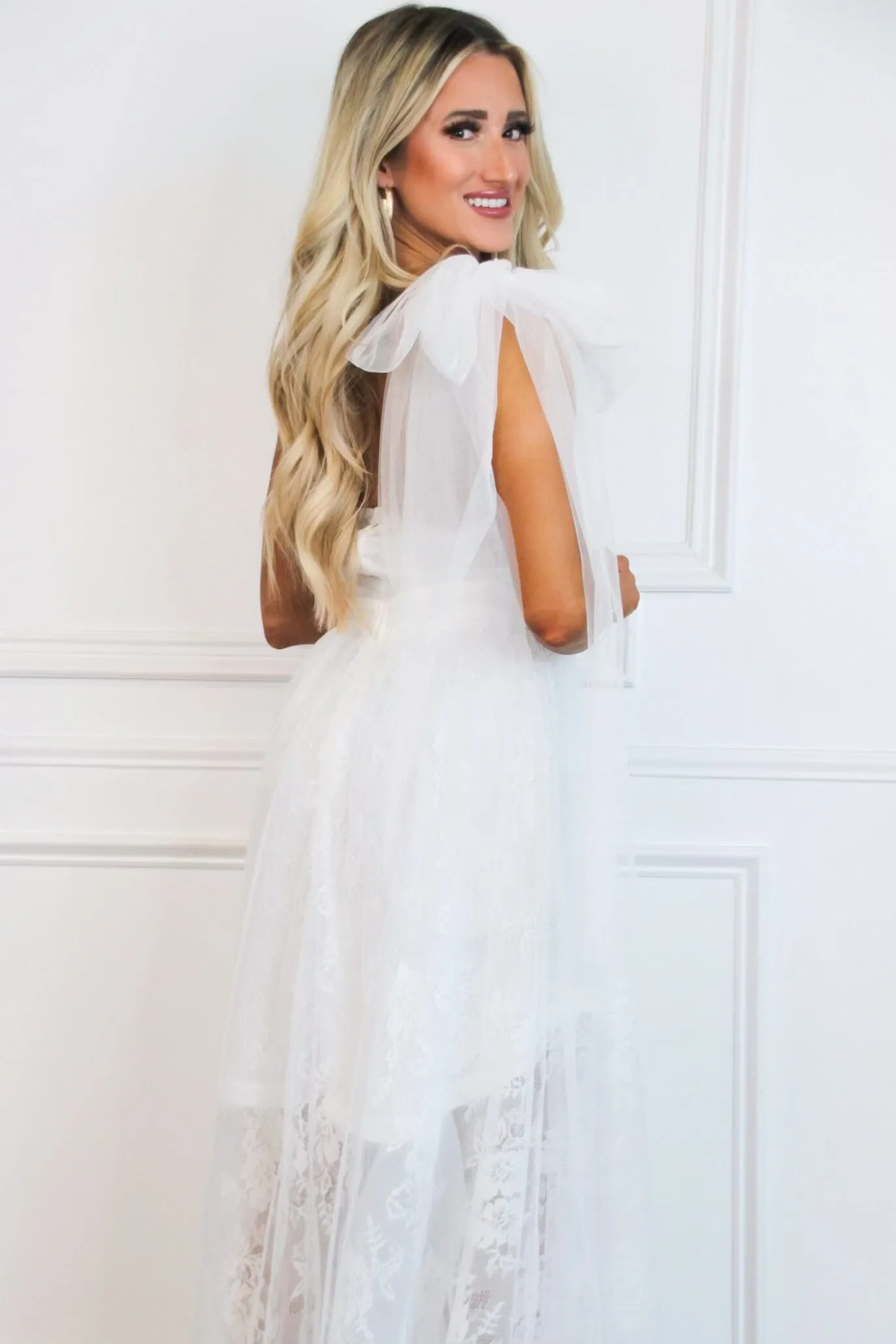Stay Together One Shoulder Bow Lace High Low Maxi Dress: Ivory
