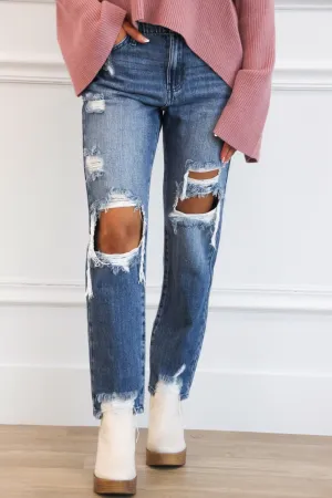 Stevenson High Rise Distressed Straight Denim: Medium Wash