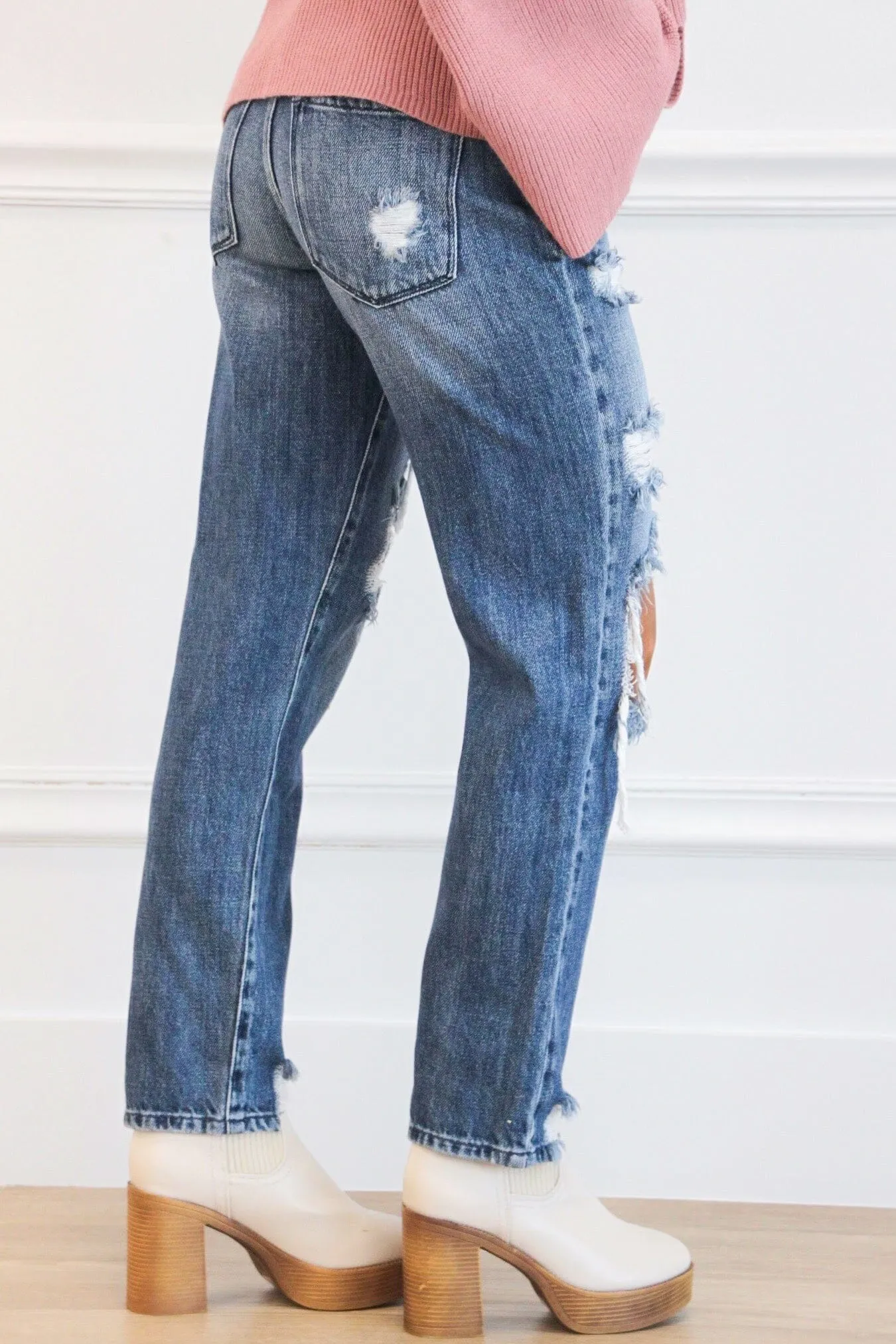 Stevenson High Rise Distressed Straight Denim: Medium Wash