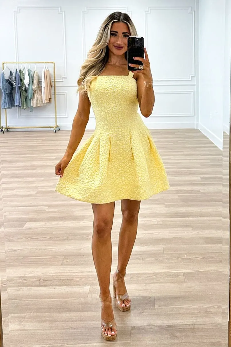 Sunshine Sweetheart Floral Square Neck Box Pleat Dress: Yellow